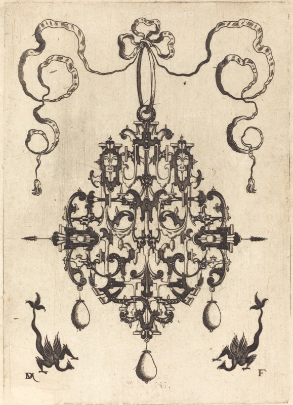 Large Pendant, Two Fantasy Creatures with Long Tails at Bottom, 1596. Creator: Daniel Mignot.