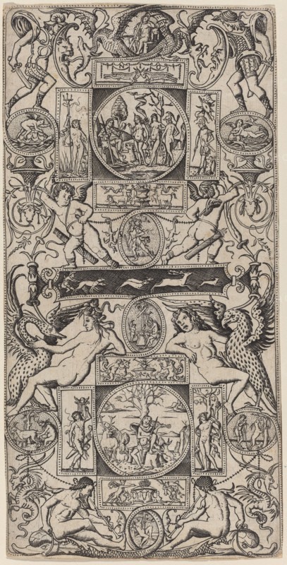 Ornament Panel with Orpheus and the Judgment of Paris, c. 1507. Creator: Nicoletto da Modena.