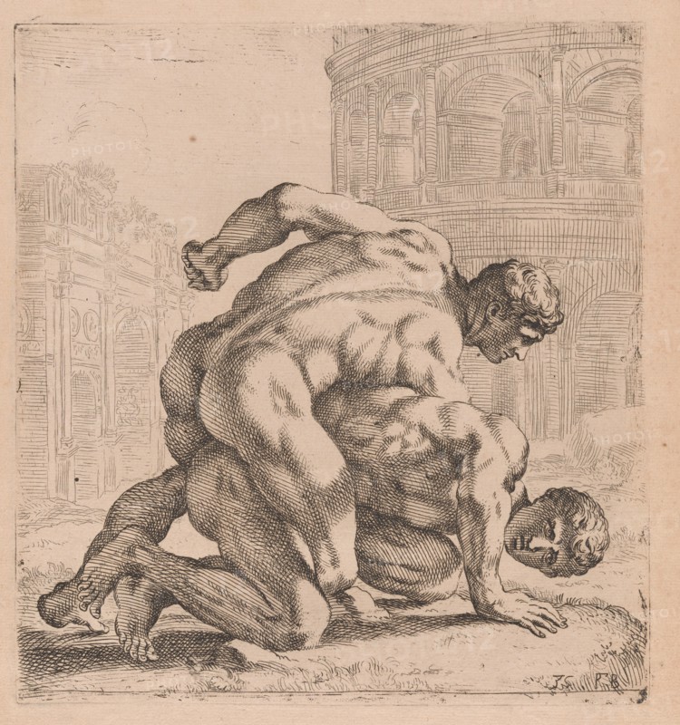 The Medici Wrestlers, side view, turned to right [plate 35], 1638. Creator: François Perrier.