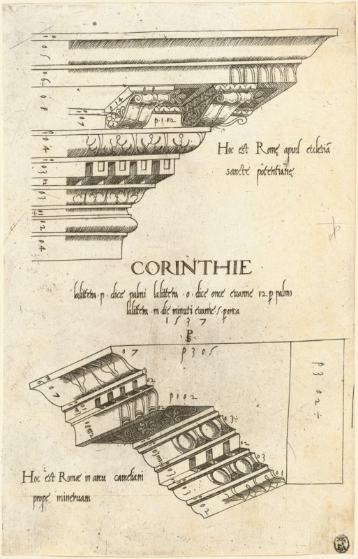 Entablatures from Santa Pudenziana and the Arch of Camigliano, Rome, 1537. Creator: Master PS.