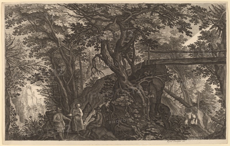 Forest Landscape with Two Men and a Woman Resting near a Bridge. Creator: Aegidius Sadeler II.