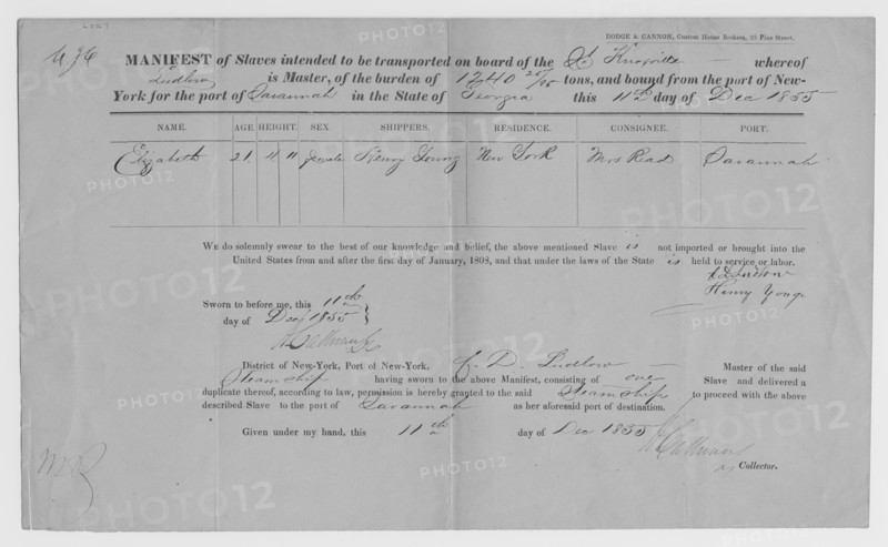 Manifest of Slaves intended to be transported on board the Knoxville...1855. Creator: Unknown.
