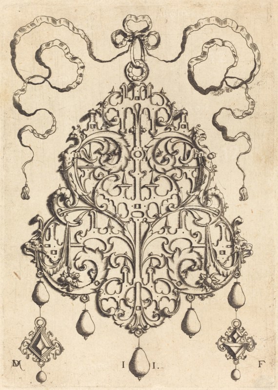 Large Strapwork Pendant with Two Hangers as Earrings at Left and Right. Creator: Daniel Mignot.