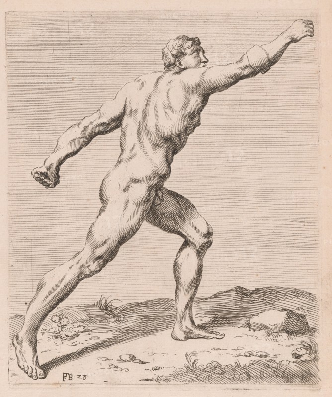 The Borghese Gladiator, side view, turned to right [plate 28], 1638. Creator: François Perrier.