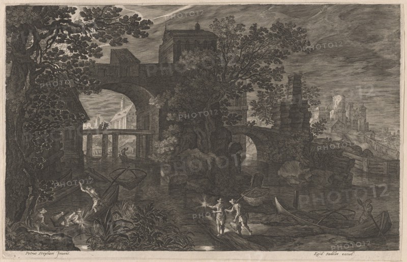 Night Fishing near Fortified Bridges, 1600/1615. Creators: Aegidius Sadeler II, Pieter Stevens.