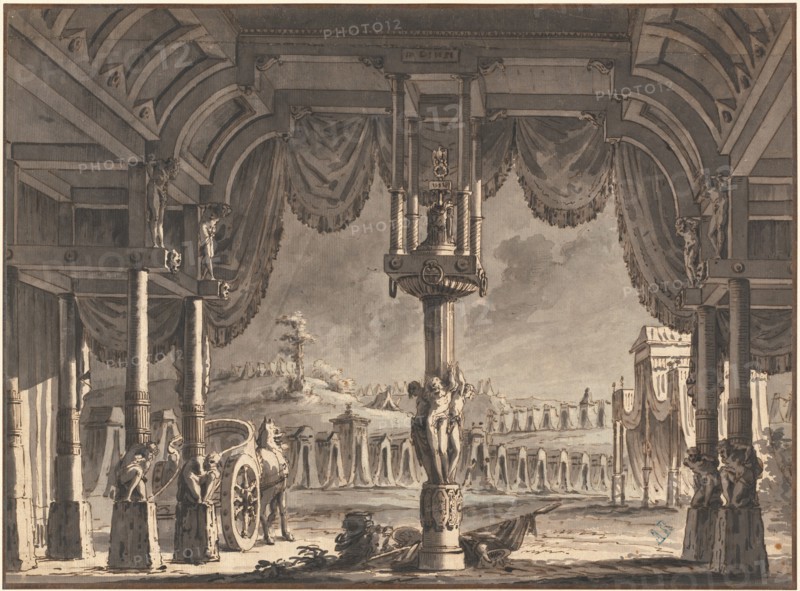 Stage Design of an Ancient Roman Encampment by Night (recto), c. 1792. Creator: Pietro Gonzaga.