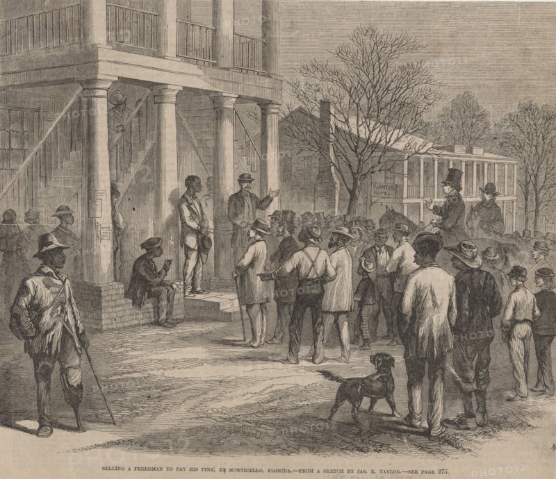 Selling a freedman to pay his fine, at Monticello, Florida, 1867. Creator: James Edward Taylor.