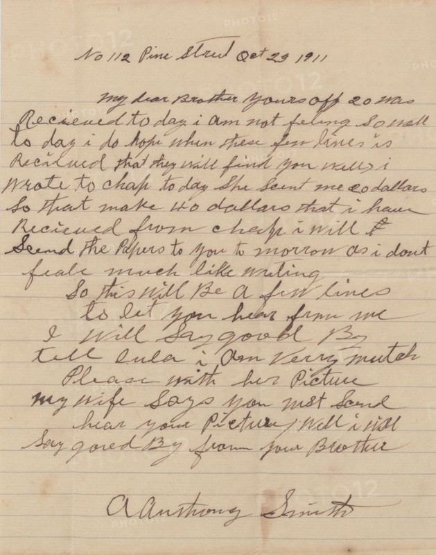 Letter from A. Anthony Smith, an African-American man, to his brother, 1911.  Creator: Unknown.