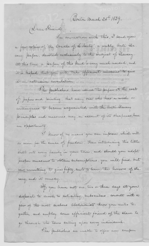Letter from abolitionist soliciting for Cradle of Liberty distributors, 1839. Creator: Unknown.