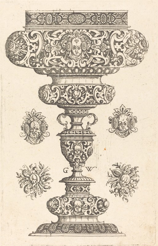 Goblet, rim decorated with masque and bouquet of fruit, published 1579. Creator: Georg Wechter I.
