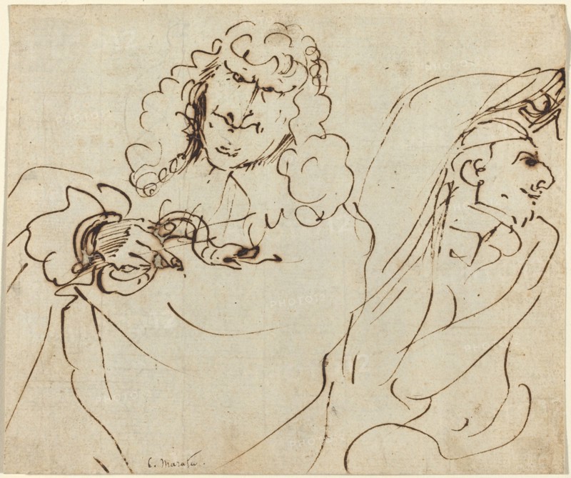 Caricature with Mola Protecting Himself from a Man Holding a Viper. Creator: Pier Francesco Mola.