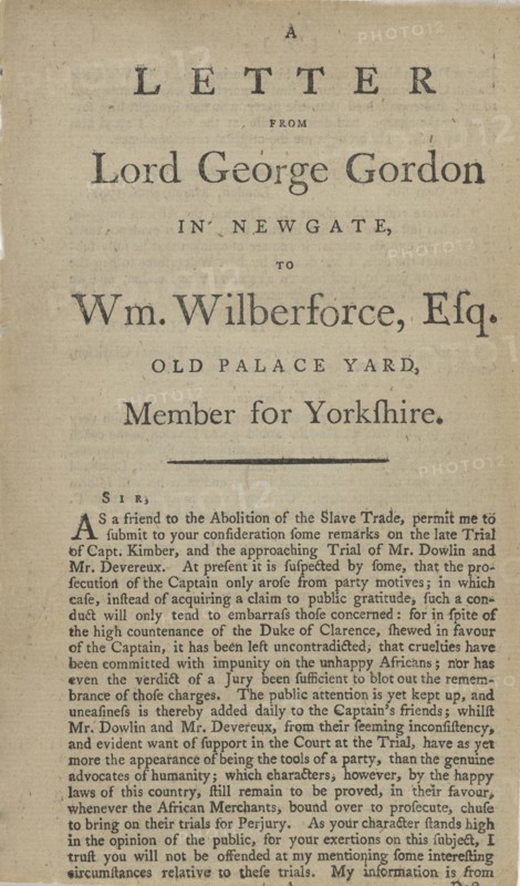 A letter from Lord George Gordon in Newgate, to Wm. Wilberforce, Esq...., 1792. Creator: Unknown.