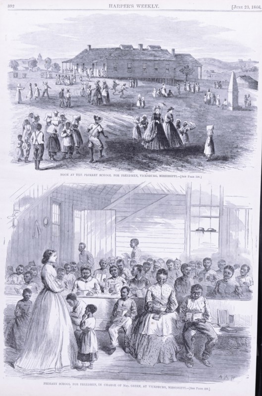 Noon at the Primary school (top) and Primary school for Freedmen..., 1866-06-23. Creator: Unknown.