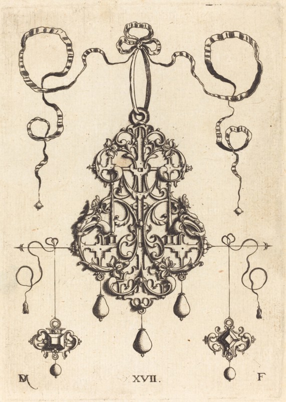 Strapwork Pendant with Two Square Tablestonesas Earrings at Left and Right. Creator: Daniel Mignot.