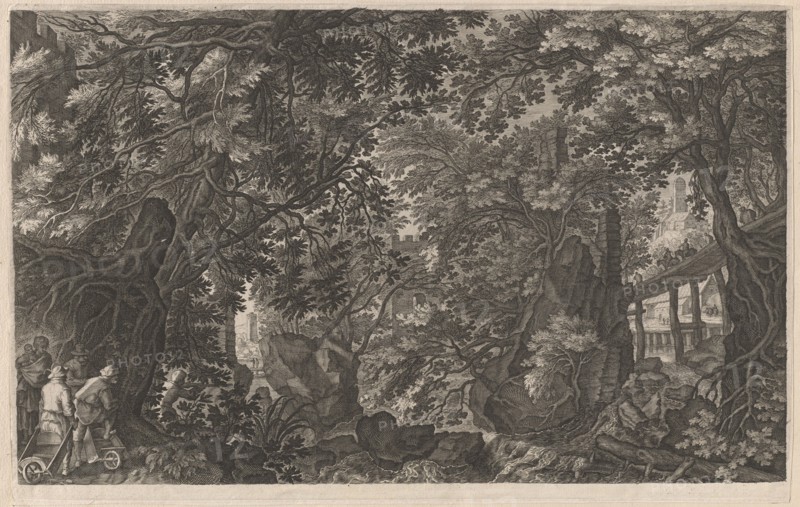 Hunters in a Forest near a Wooden Bridge, 1600/1615. Creators: Aegidius Sadeler II, Pieter Stevens.