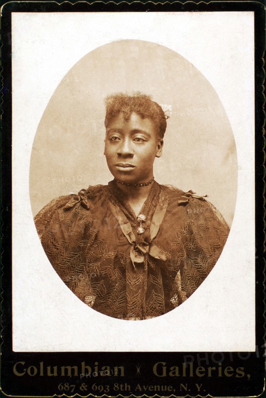 Woman wearing dress covered with lace across the bodice, c1890-c1899. Creator: Columbian Galleries.