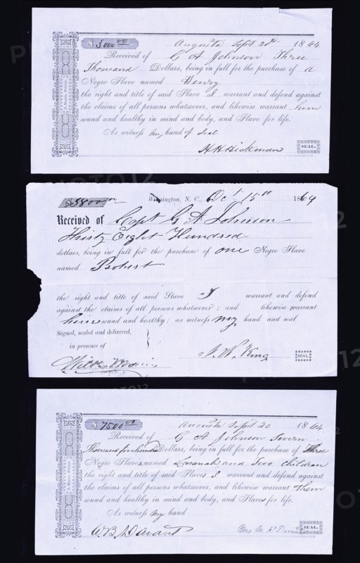 Slave bills of sale; Three sales receipts issued in New Orleans, Louisiana, 1861. Creator: Unknown.