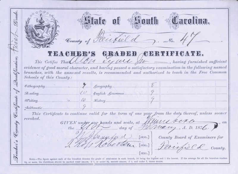 South Carolina Teacher's County Certificate of Qualification, First Grade, 1876.  Creator: Unknown.
