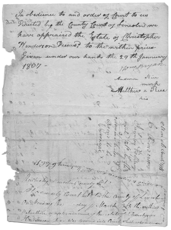 Part of a document listing slaves, animals, etc and values for each, 1807-01-29.  Creator: Unknown.