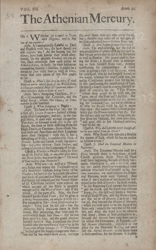 Whether 'tis lawful to trade with Negroes, and to buy 'em of one another?, 1690s. Creator: Unknown.