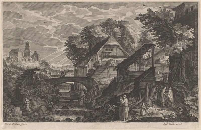 Farm Houses by a River with a City Beyond, 1610/1615. Creators: Aegidius Sadeler II, Pieter Stevens.
