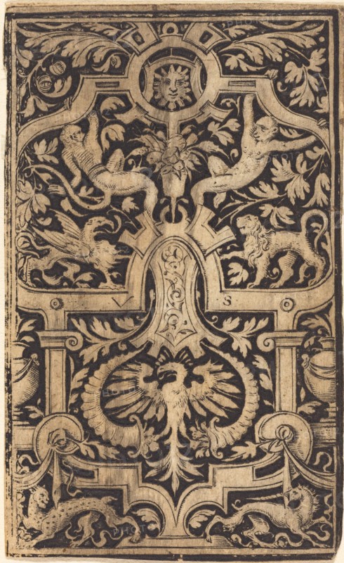 Strapwork and Foliage Ornament on Dark Ground with Monkeys and other Animals. Creator: Virgil Solis.