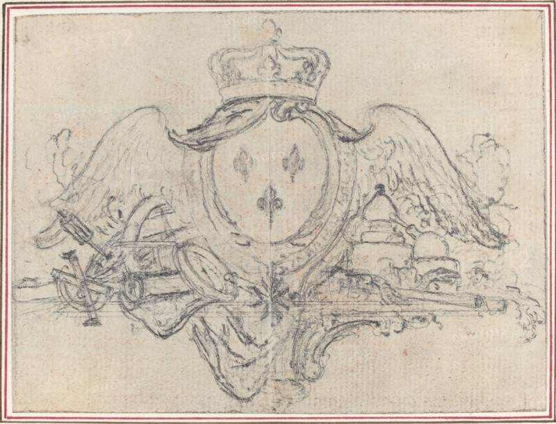 Arms of the King of France with Wings and Scientific Instruments. Creator: Hubert Francois Gravelot.