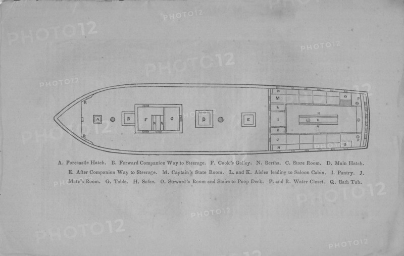 A. Forecastle hatch. B. Forward companion way to steerage. F. Cook's galley, 1857. Creator: Unknown.