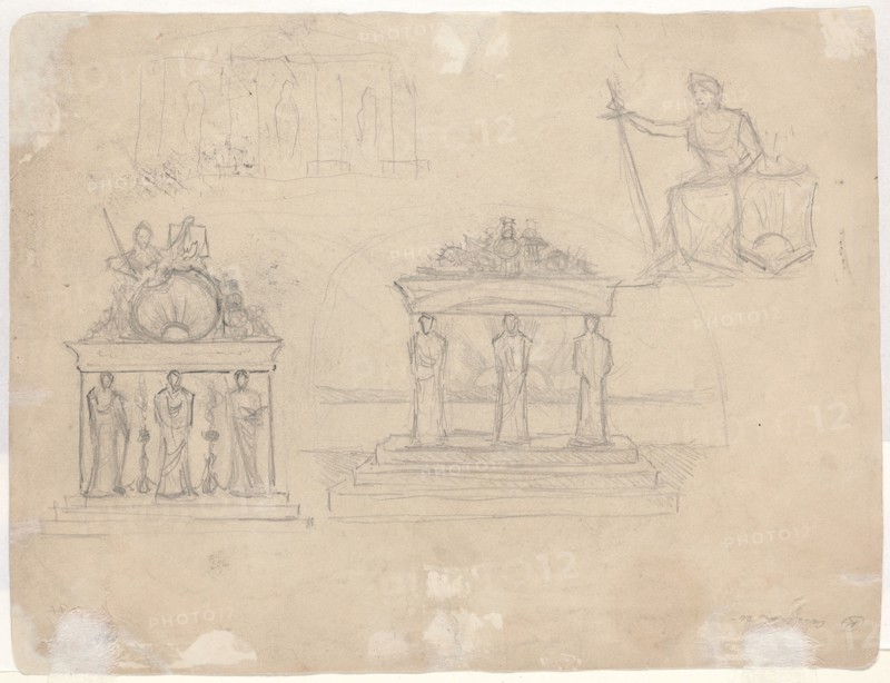 Studies of Classical Temple Facades and Seated Female Figure [verso]. Creator: John William Casilear.