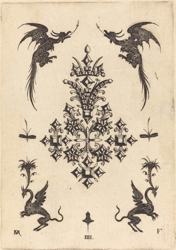 Brooch with Table-Stones, Winged Dragons at Top, and Griffins at Bottom, 1596. Creator: Daniel Mignot.