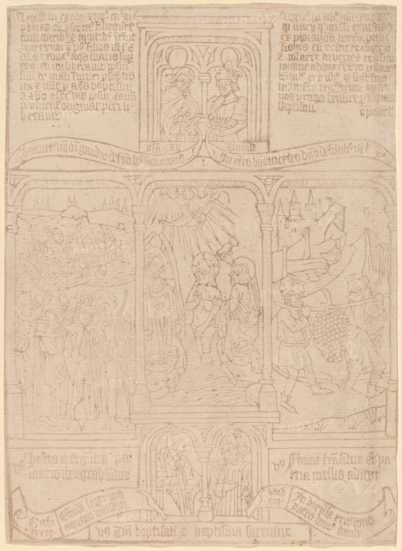 The Baptism of Christ; Pharoah Passing through the Red Sea; Joshua and Caleb, c. 1465. Creator: Unknown.