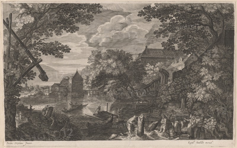 Riverscape with Fishermen by a Fortified Town, 1600/1615. Creators: Aegidius Sadeler II, Pieter Stevens.