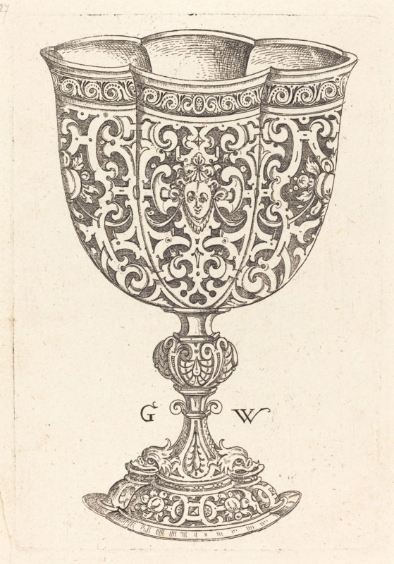 Chalice with six embossings, base decorated with two dolphins, published 1579. Creator: Georg Wechter I.