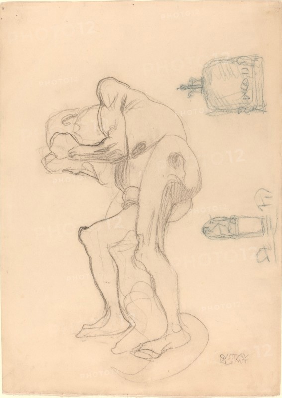 Study of a Nude Old Woman Clenching Her Fists, and Two Decorative Objects, c. 1901. Creator: Gustav Klimt.