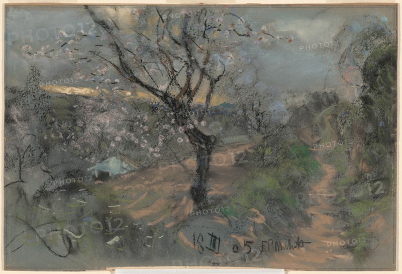 A Hillside Path with Blooming Cherry Trees under an Overcast Sky, 1905. Creator: Francesco Paolo Michetti.