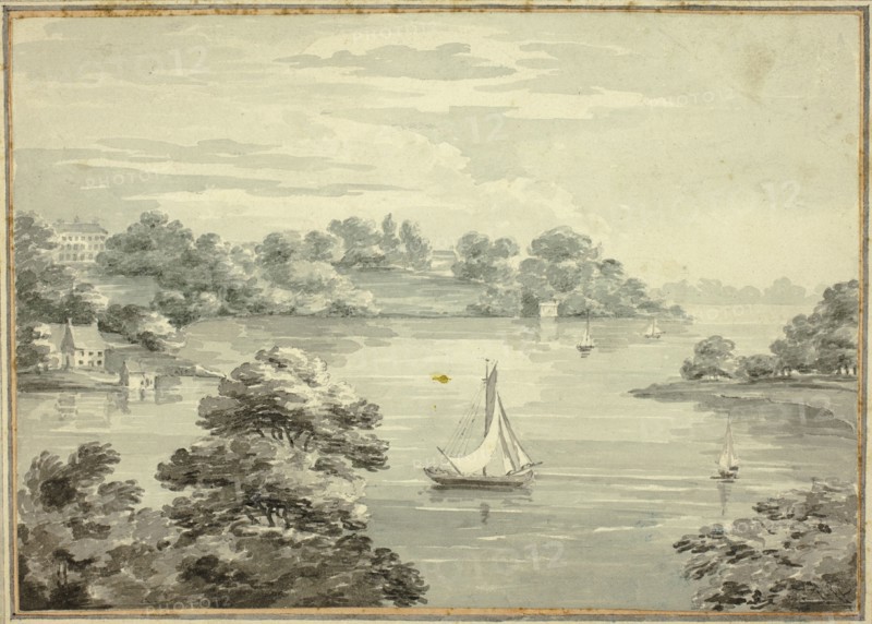 Sailing Boats on Lake with Houses near Shore, n.d. Creators: Thomas Hearne, Thomas Sunderland, James Barne.