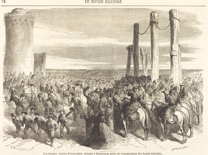 Les troupes Austro-Prussiennes entrant a Hambourg ... [top half], published 1864. Creator: Charles Maurand.