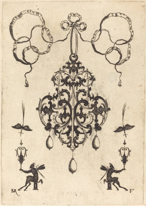 Large Pendant, Lower Left and Right Two Winged "Devils" Sitting on Pedestals, 1596. Creator: Daniel Mignot.