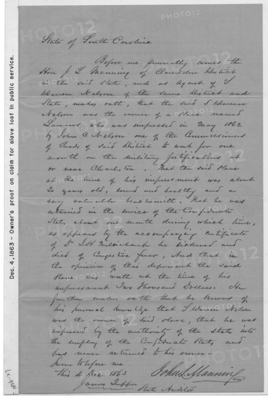 Petition for compensation for slave pressed into military service, Civil War, 1863-12-04. Creator: Unknown.