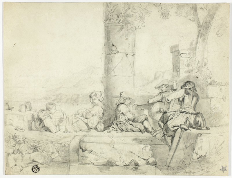 Children, Woman with Infant and Three Soldiers Sitting Among Ruins by Lake, n.d. Creator: George Cattermole.