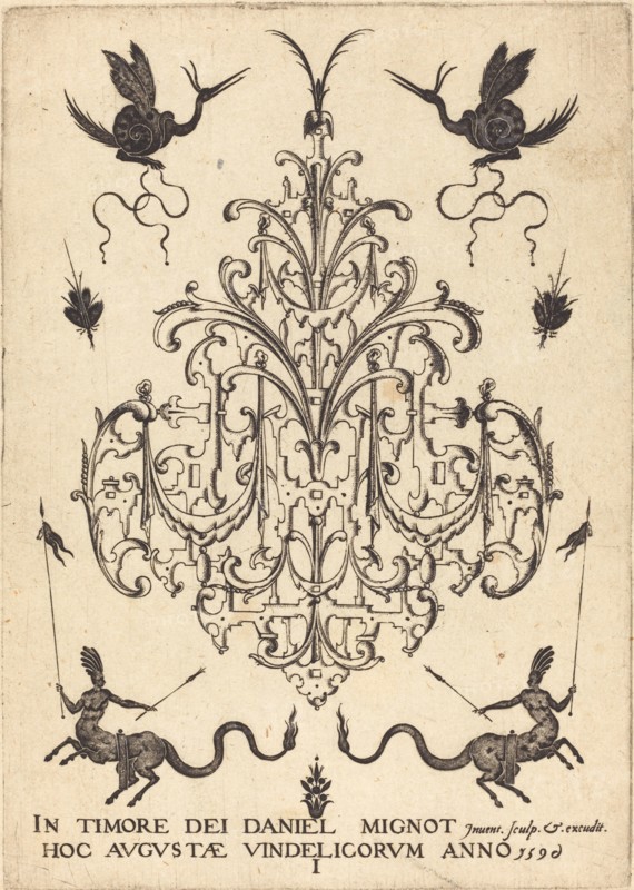 Title-Page: Brooch, Snail-like Animals Above, Centaurs with Banners at Bottom, 1596. Creator: Daniel Mignot.