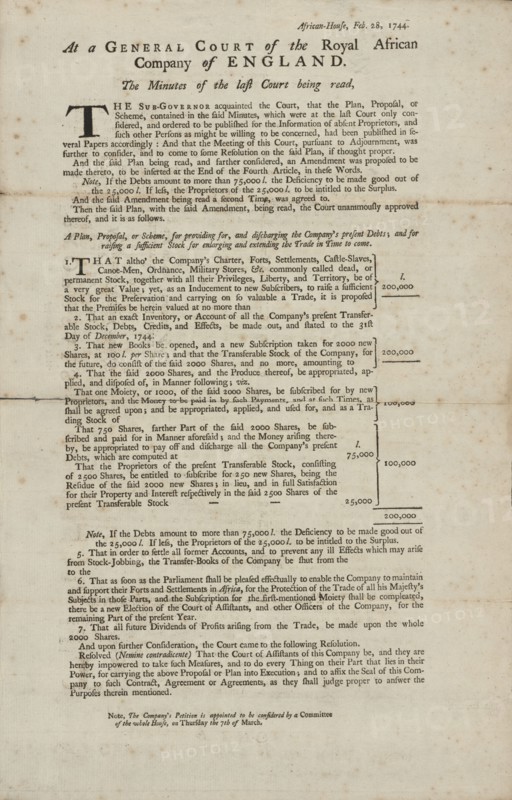 At a General Court of the Adventurers of the Royal African Company of England, 1744-02-28. Creator: Unknown.