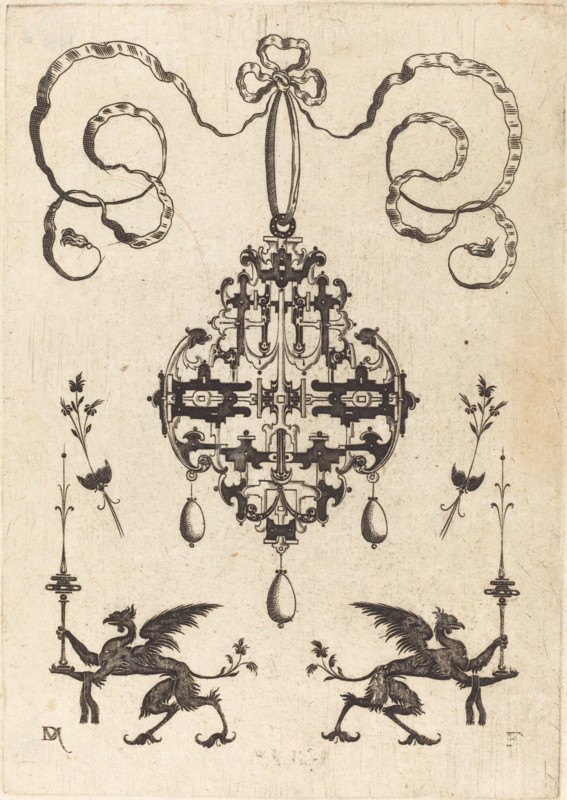 Large Pendant, Lower Left and Right Two Griffins Carrying Fantasy Candlesticks, 1596. Creator: Daniel Mignot.