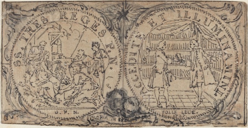 Ornamental Medallions with the Adoration of the Magi and Two Bibliophiles. Creator: Hubert Francois Gravelot.