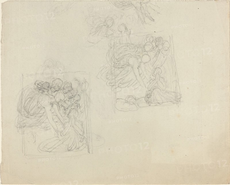 Studies for a Monument with Angels Reaching Down to a Praying Figure [recto and verso]. Creator: John Flaxman.