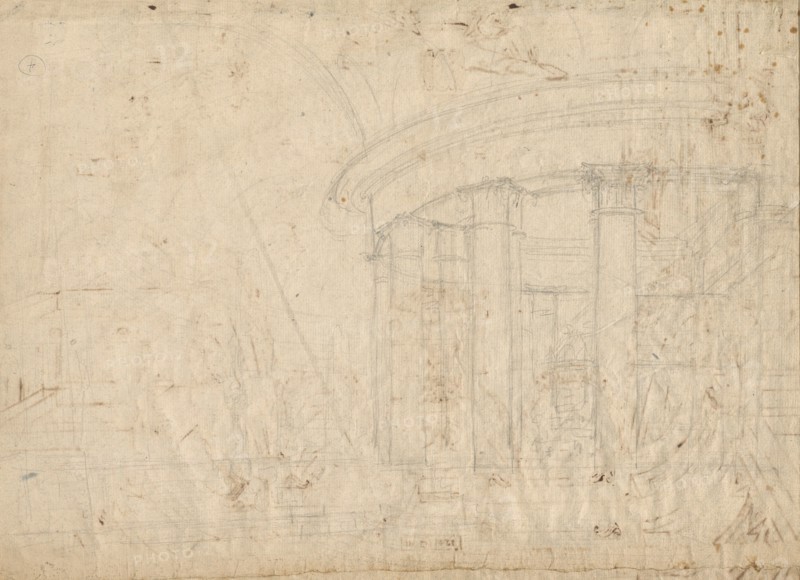 Architectural Fantasy on a Round Temple Enclosed with an Ambulatory (verso), c. 1792. Creator: Pietro Gonzaga.