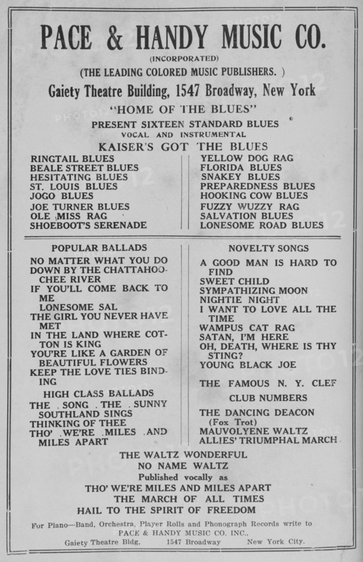 Pace & Handy Music Co. [Incorporated]; [The leading Colored music publishers]..., 1918-1922. Creator: Unknown.
