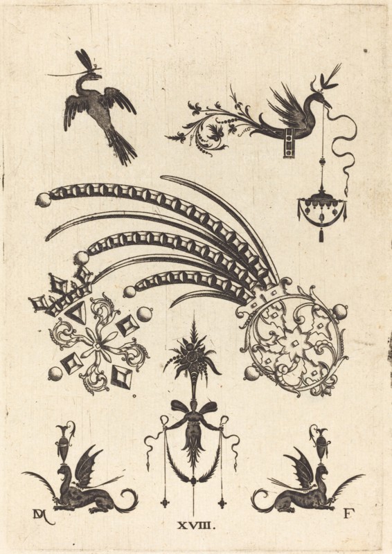 Two Brooches with Bird and Winged Snake at Top and Griffins with Vases at Bottom, 1596. Creator: Daniel Mignot.