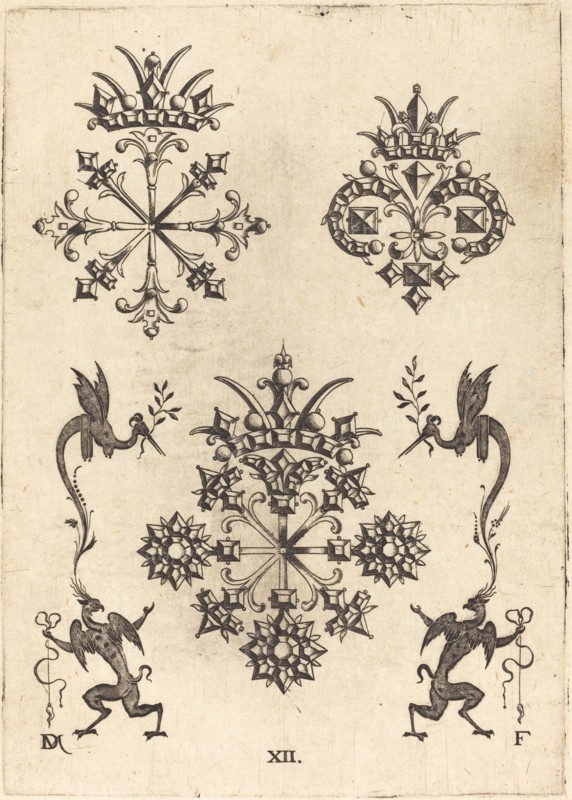 Three Brooches with Winged Snakes at Left and Right and Winged Griffins at Bottom, 1596. Creator: Daniel Mignot.