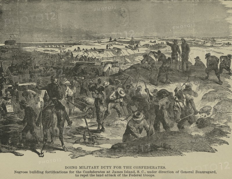 Slaves building Confederate Army fortifications at James Island, Charleston...1863 (Inferred). Creator: Unknown.